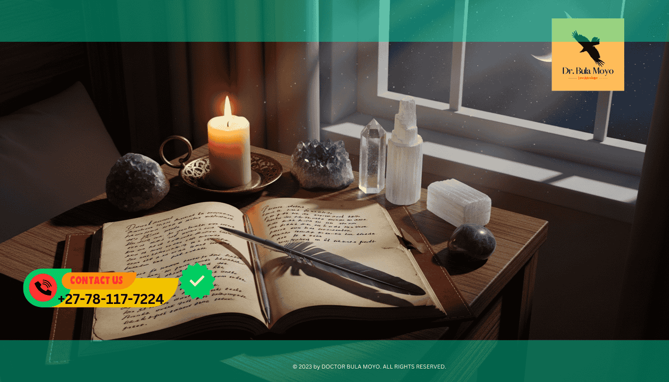 Dream journal with a candle and crystals on a nightstand under moonlight documenting protection from sleep disturbances