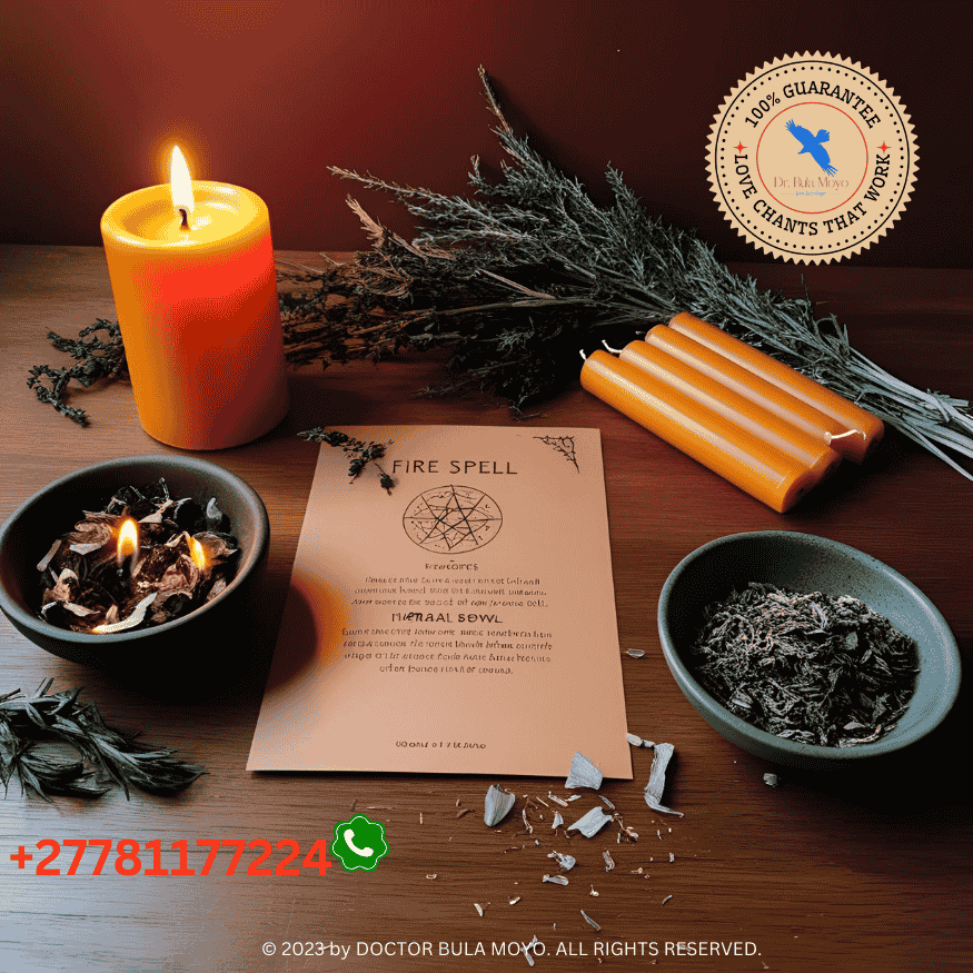 Fire spell setup with orange candle, paper burning, and herbal bowl (3)