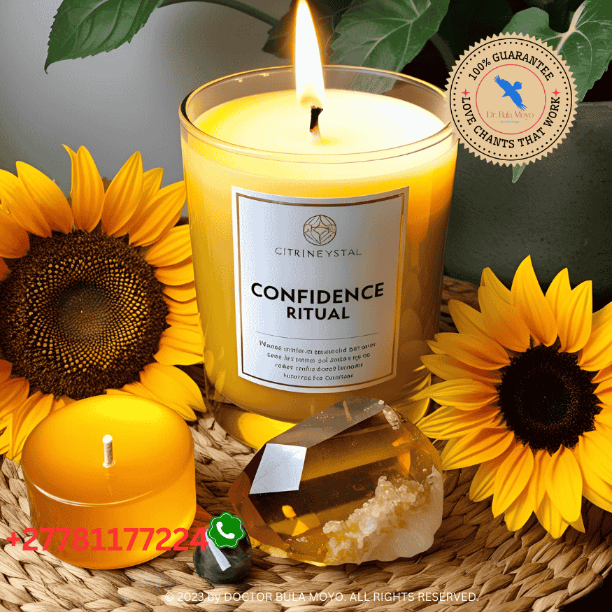 Golden candle burning for confidence ritual with citrine crystal and sunflower (2)
