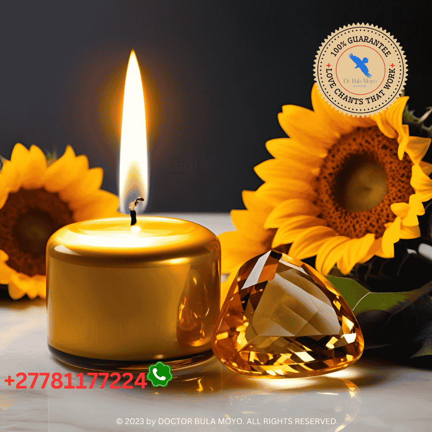 Golden candle burning for confidence ritual with citrine crystal and sunflower (3)