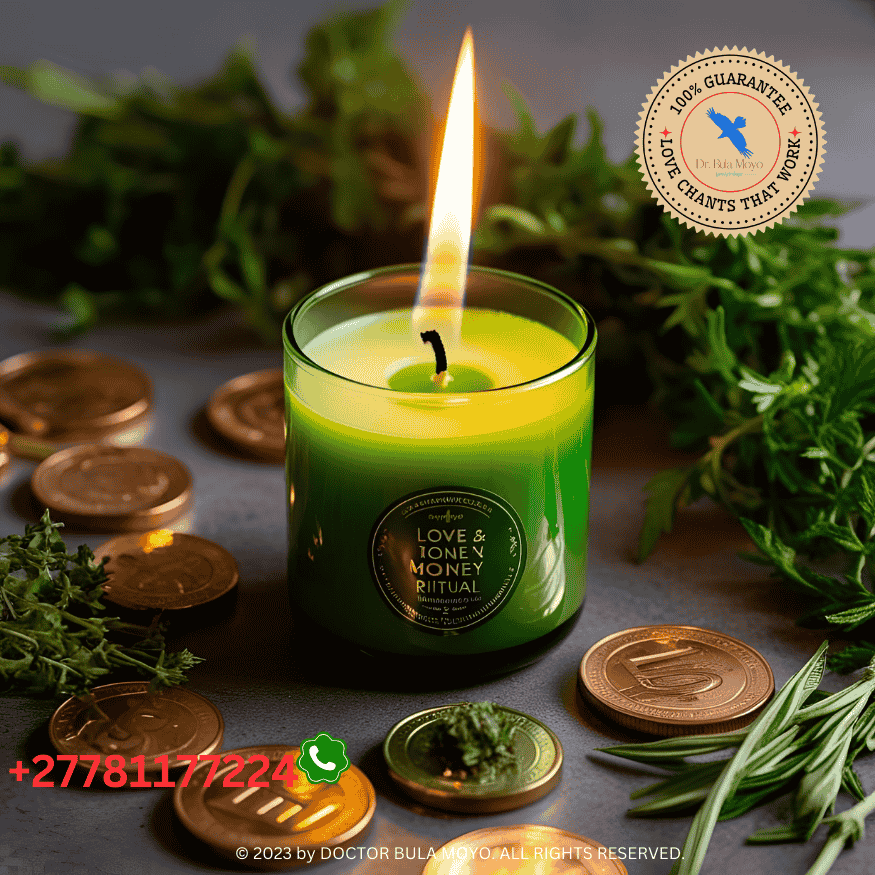 Green candle love and money ritual with coins and herbs surrounding the flame (2)