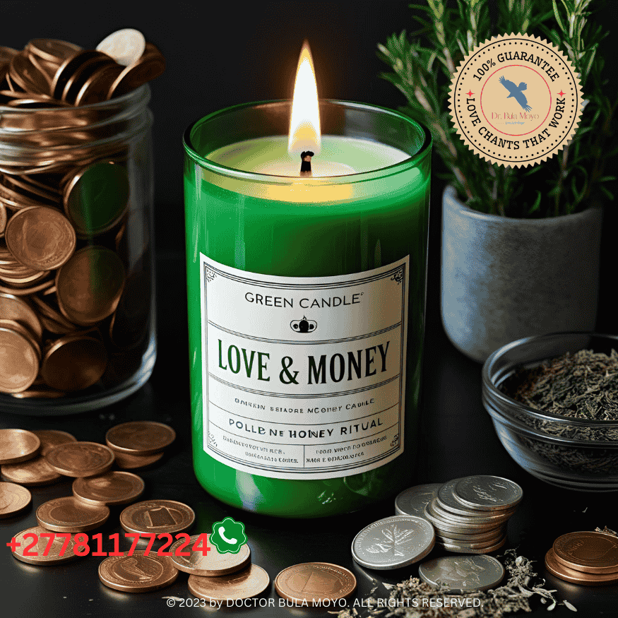 Green candle love and money ritual with coins and herbs surrounding the flame (3)