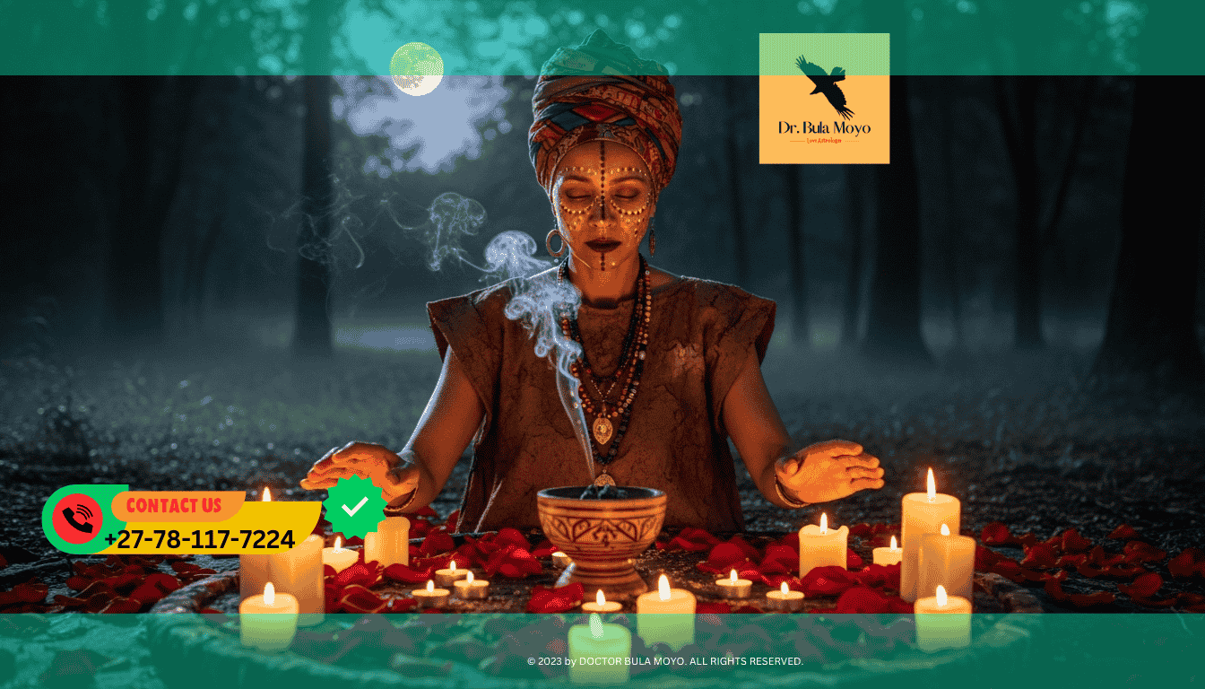 Healer casting love spell under moonlight with candles and rose petals