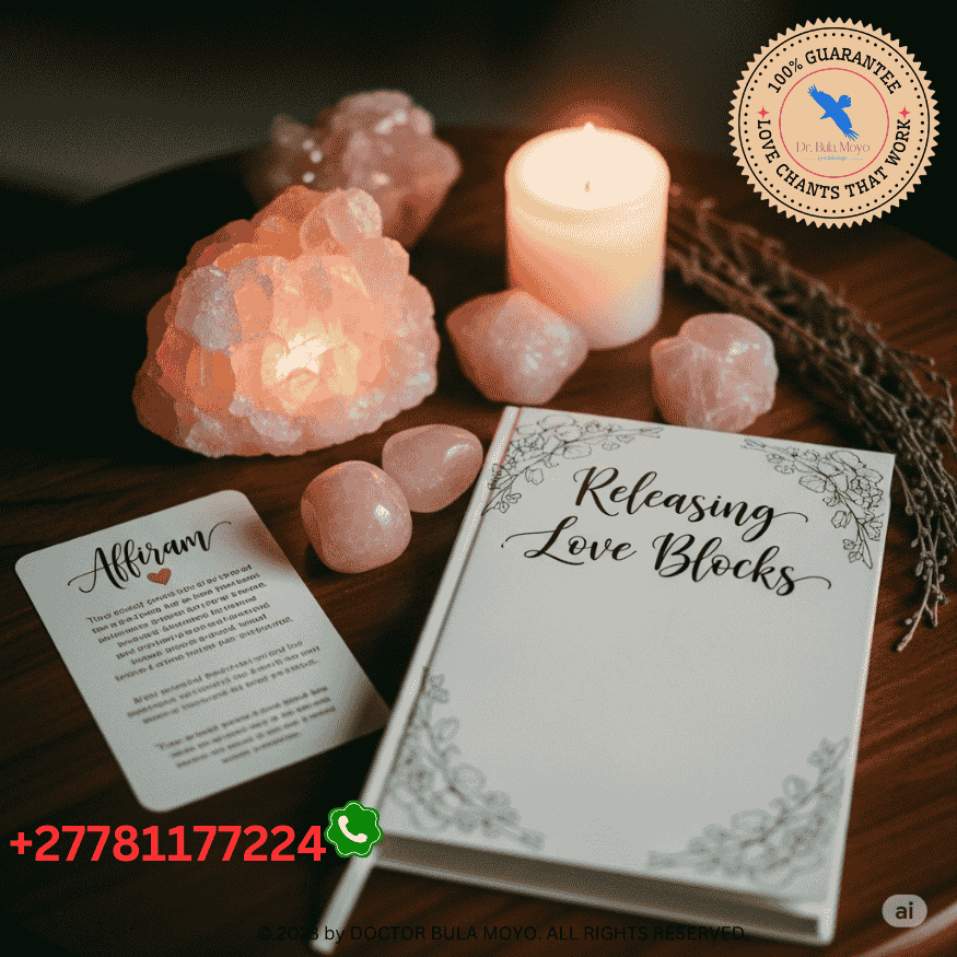 Healing altar with rose quartz, a lit candle, and a journal titled “Releasing Love Blocks” placed beside an affirmation card.
