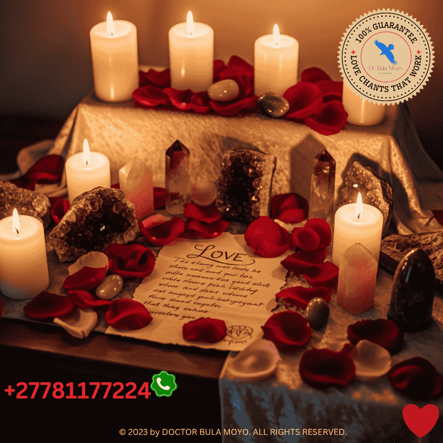 Love spell setup with rose petals, candles, crystals on a cozy altar
