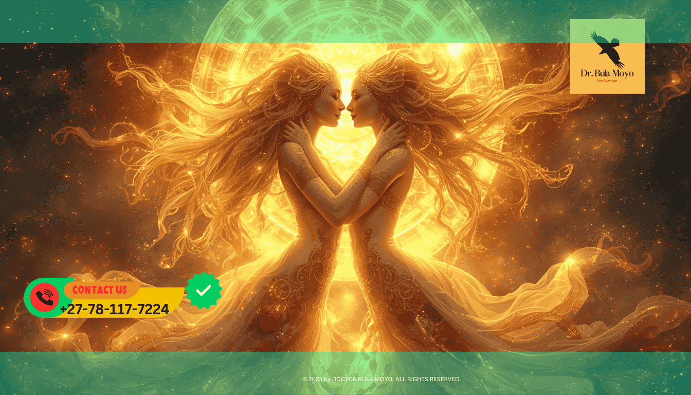 Mystical couple in golden aura symbolizing Twin Flame passion and Kundalini awakening energy flow.
