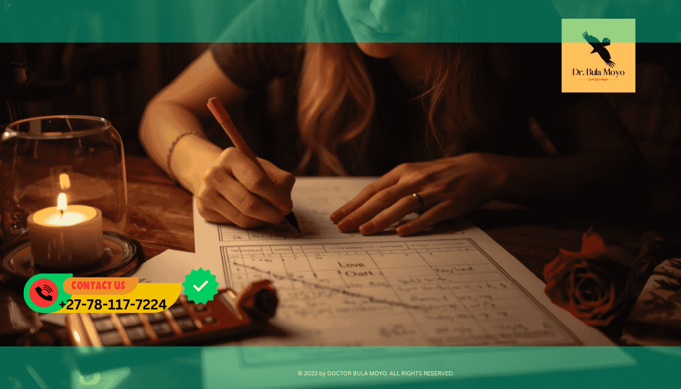 Numerologist writing on love chart with birth date calculator and red rose (1) (3)