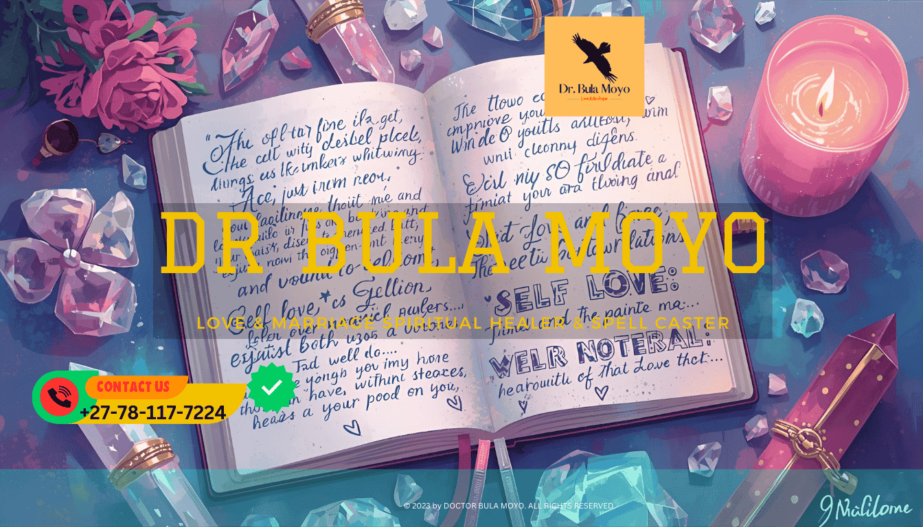 Open journal with handwritten self-love mantras surrounded by crystals and pink candle. (1)