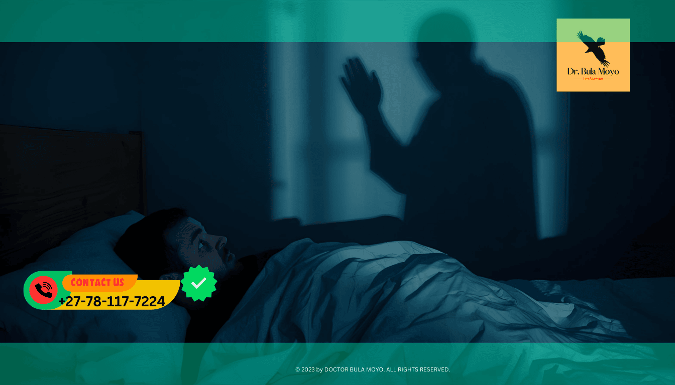 Person in bed looking terrified at a shadow Spiritual meaning of sleep paralysis and shadow figures known as Tokoloshe or Old Hag.