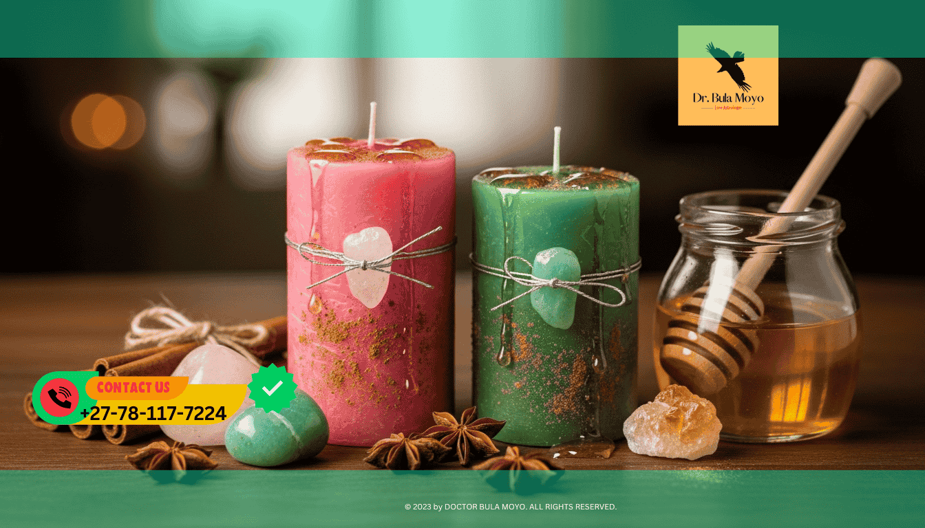 Pink and green candles with cinnamon, honey, and crystals for a Waxing Moon love and wealth ritual.