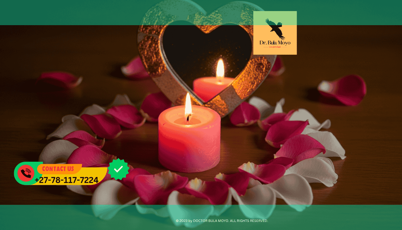 Pink candle surrounded by rose petals and a mirror symbolizing heart healing and emotional release.