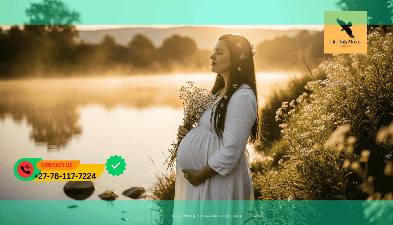 Pregnant woman holding her belly or white flowers by a river Spiritual fertility rituals and womb cleansing for women trying to conceive.