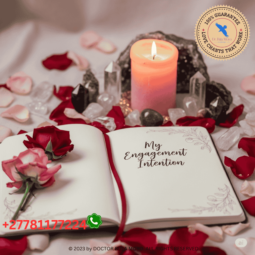 Romantic altar with rose petals, a journal open to “My Engagement Intention,” and a lit pink candle surrounded by crystals.