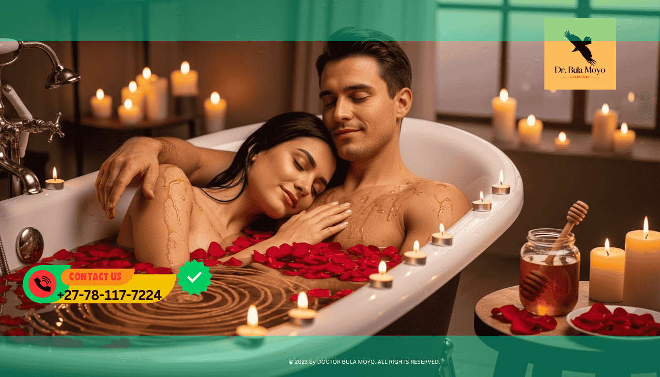 Romantic love bath with rose petals and honey used for emotional and physical connection.