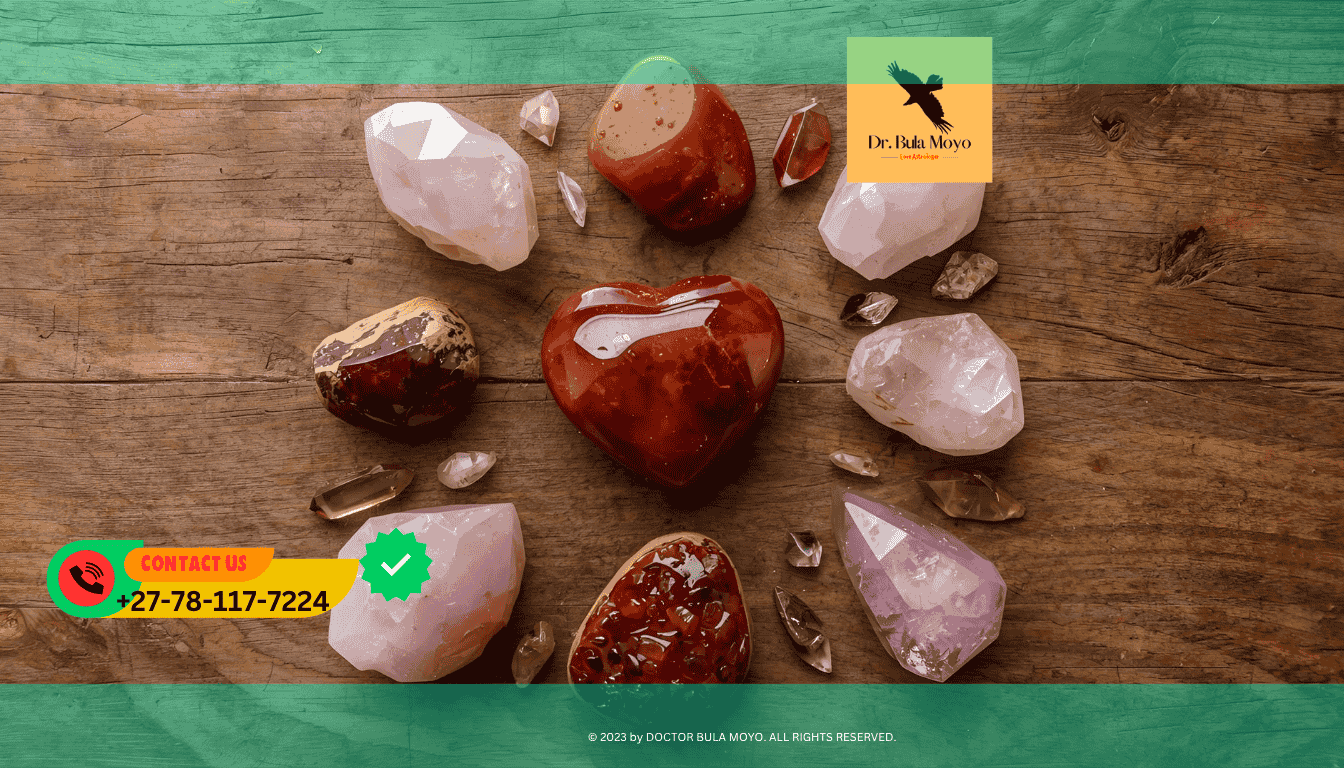 Rose quartz, carnelian, and garnet arranged in a crystal grid for love and passion rituals. (1)