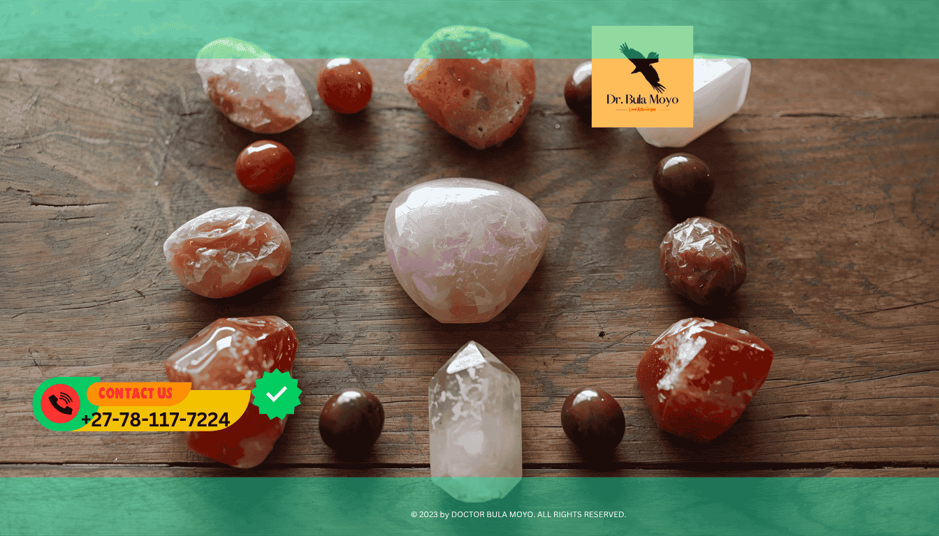 Rose quartz, carnelian, and garnet arranged in a crystal grid for love and passion rituals.