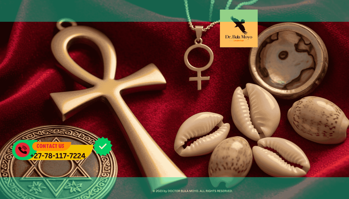 Sacred symbols and talismans for love and attraction — Ankh, cowrie shells, Venus pendant, and Seal of Solomon on velvet cloth.