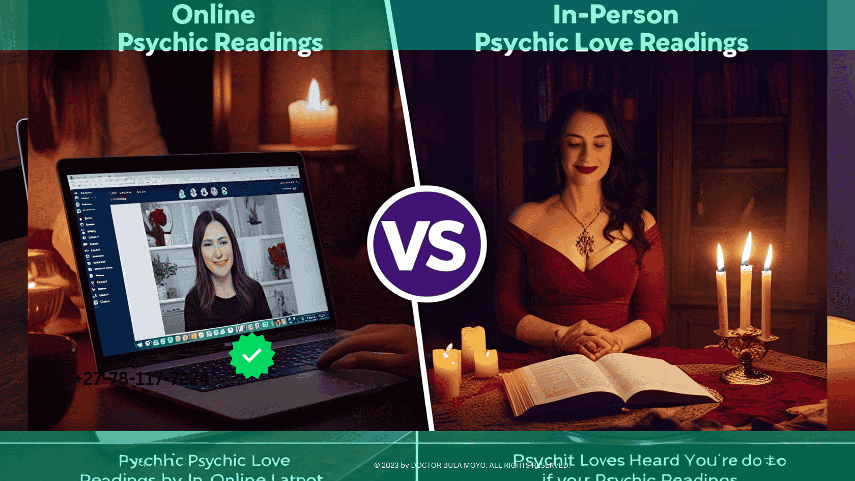 Side-by-side comparison of online vs. in-person psychic love readings, showing a laptop and a candlelit reading room