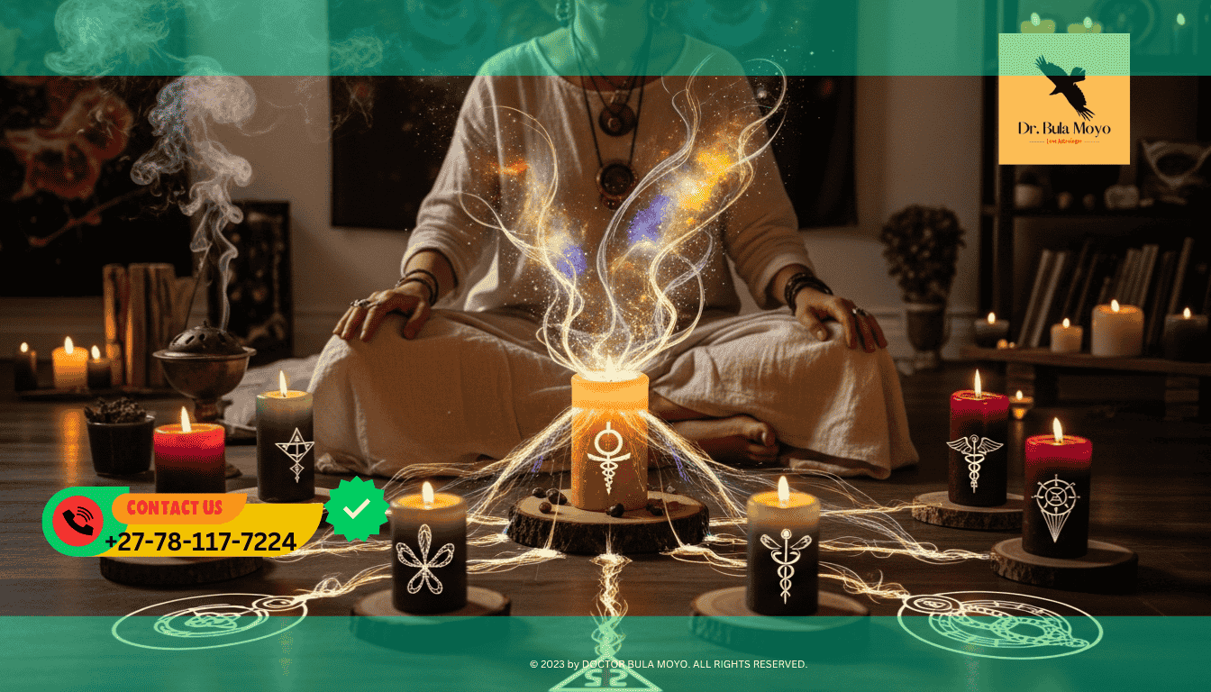 Spiritual healer performing candle ritual symbolizing the alchemy of ecstasy and divine creation.