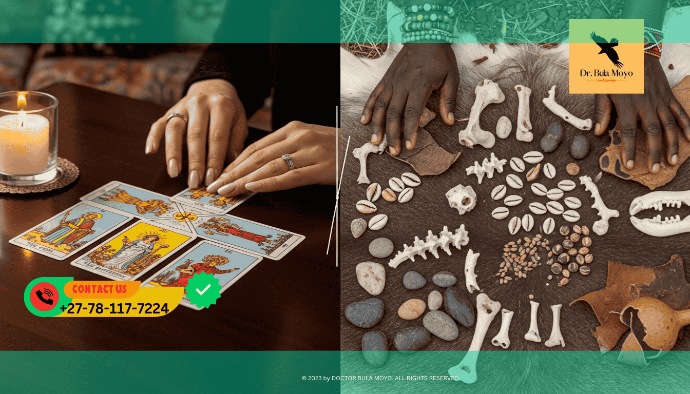 Split screen of Tarot cards and Bones Difference between Western Tarot reading and traditional African Bone Throwing divination