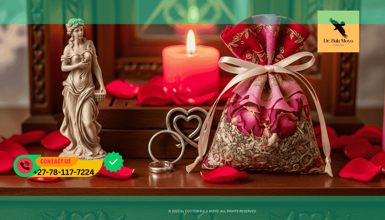 The love charm pouch delicately crafted from soft vibrant fabric is filled with fragrant rose petals and a blend of enchanting herbs each chosen for their romantic properties It rests gracefully o