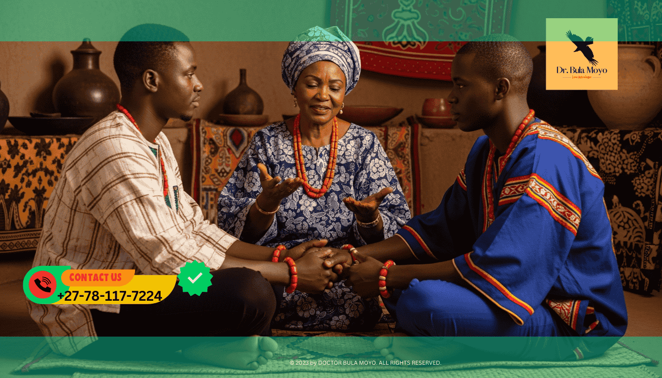Traditional African marriage counseling methods bringing peace to a couple in conflict.