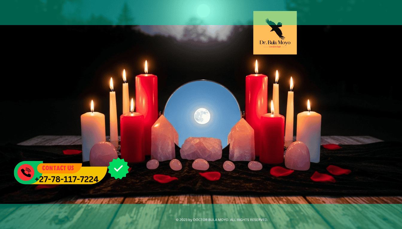 Twin flame attraction ritual setup with red and white candles, rose quartz, and mirror under moonlight.