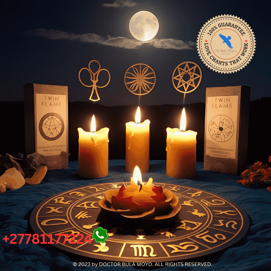 Twin flame ritual with burning candles and zodiac symbols under moonlight (1)