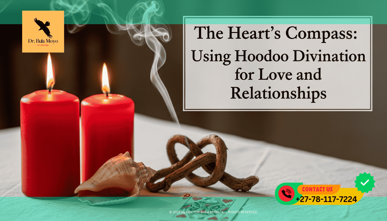 Two red candles burning side-by-side on a white cloth. In front of them, a Love Set consisting of a pink conch shell, two intertwined roots, and a Queen of Hearts playing card.