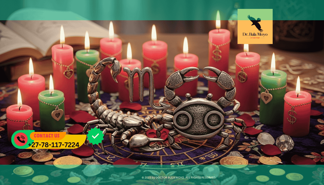Astrological chart showing zodiac symbols and candle ritual setup for timing love and money spells.