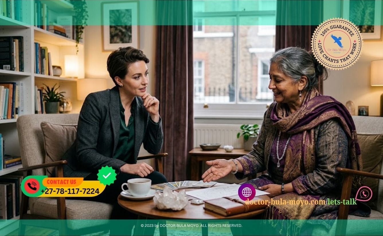UK professional exploring spiritual relationship and prosperity guidance during a private consultation