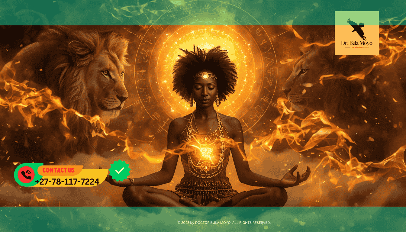 Woman meditating surrounded by glowing lion and panther spirit energy for love and attraction. (1)