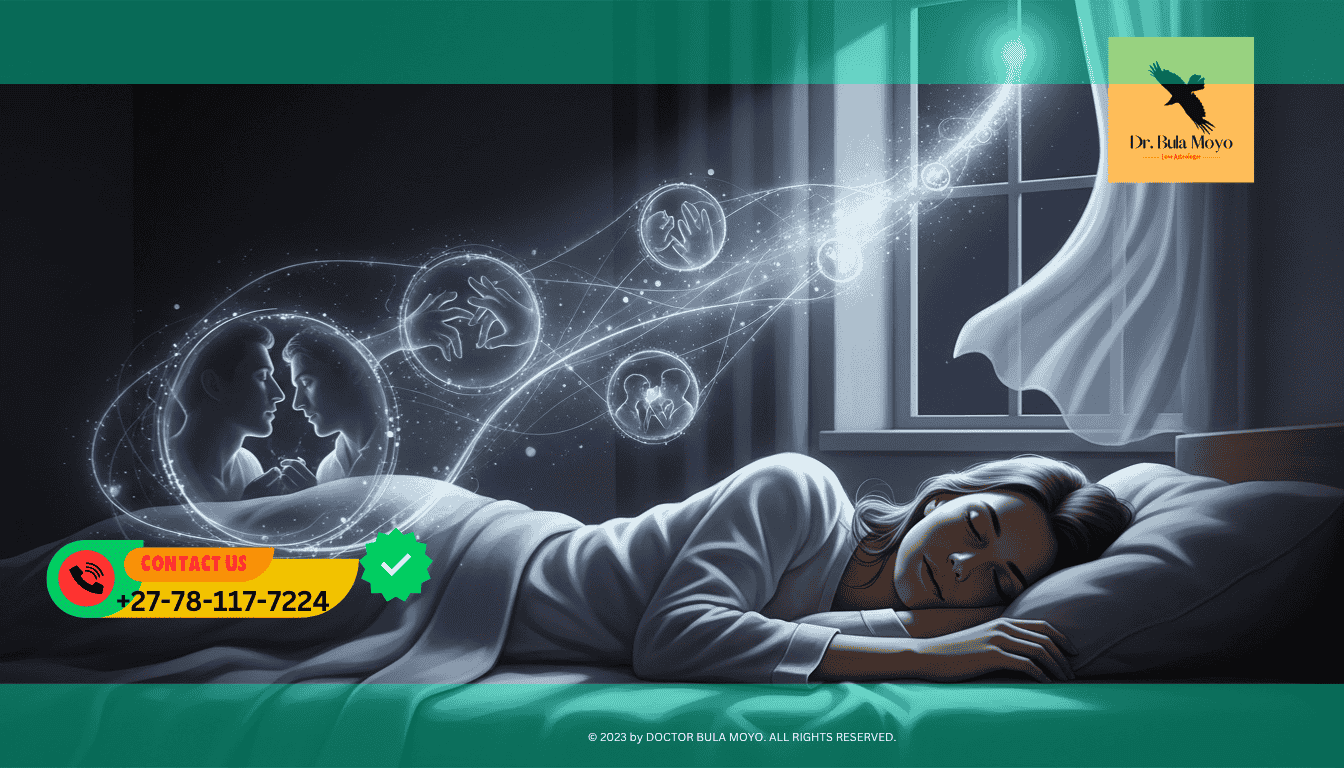 Woman sleeping peacefully surrounded by moonlight symbolizing dream communication between lovers.