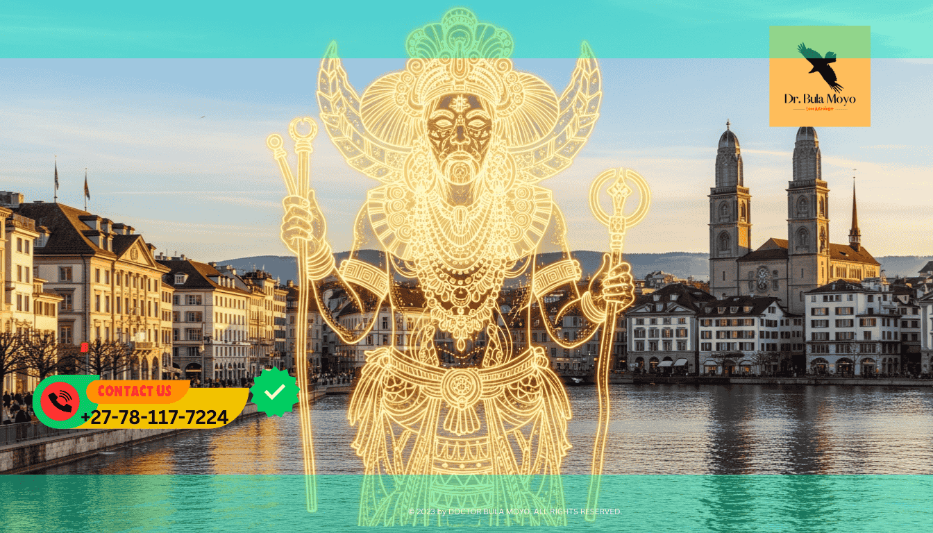 Zurich skyline or Bahnhofstrasse with a golden overlay Traditional healer for business luck and wealth protection in Zurich, Switzerland.