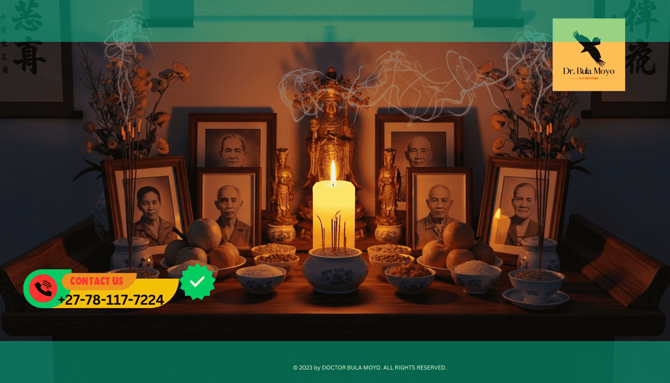 a tranquil ancestral altar, bathed in the soft, flickering light of a central candle that emits a warm, golden glow