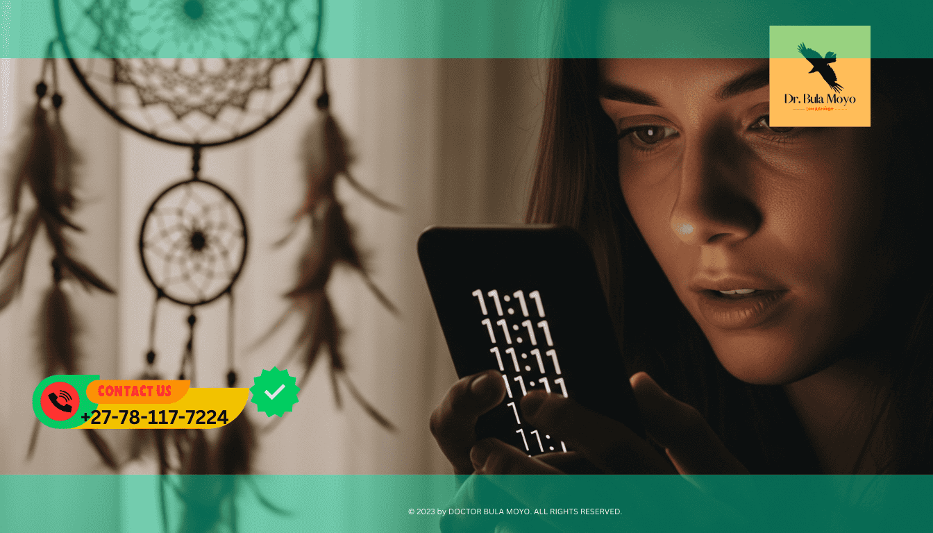 someone looking at a phone, a dreamcatcher, or repeating numbers (1111).